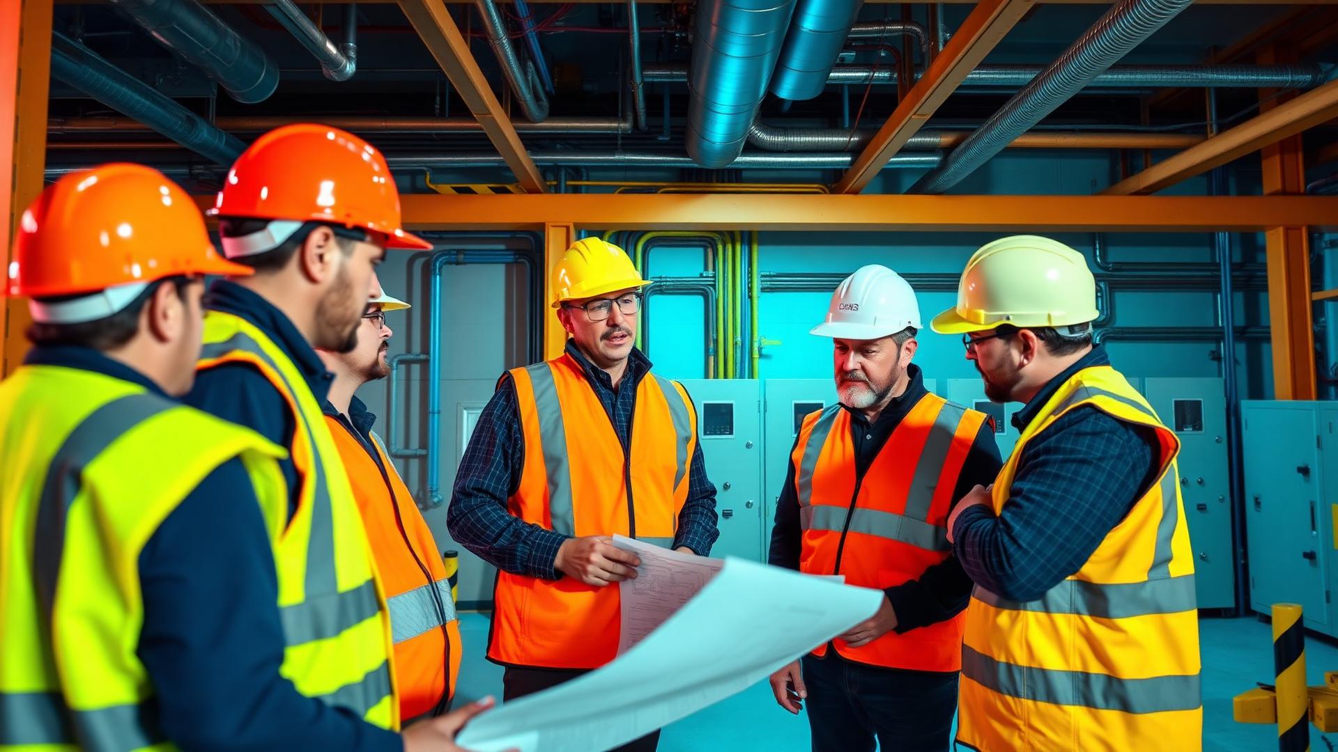 AS Engineering site team reviewing MEP blueprints